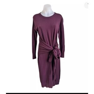 White + Warren Size Small Knit Sweater Dress Maroon Tie Front Long Sleeves
